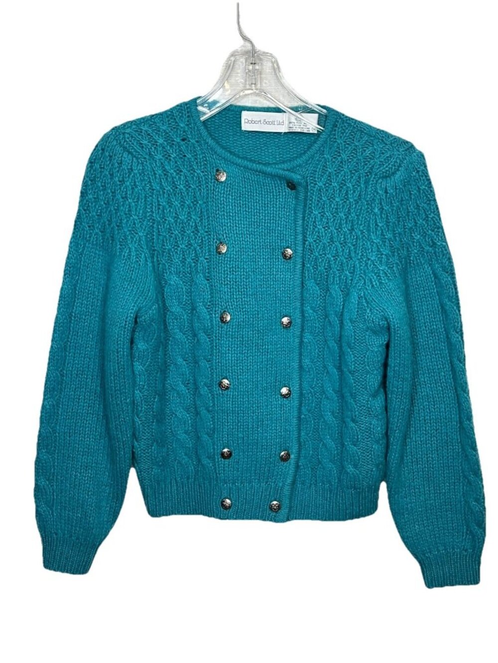 Vtg Robert Scott Teal Pure Wool Cable Knit Cardigan Sweater Silver Buttons Sz S